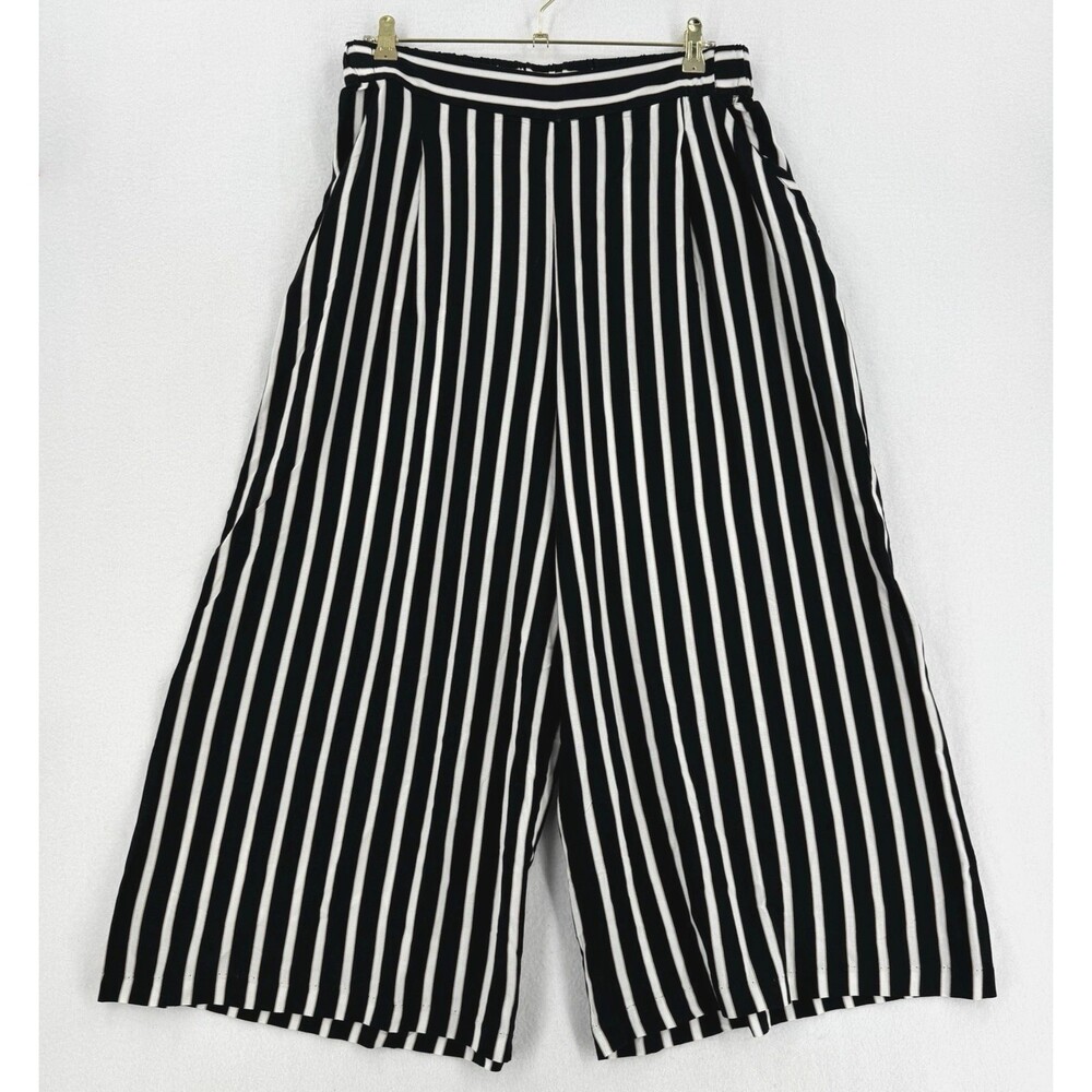 H&M Striped Culotte Pants Women 12 Black White Tan Wide Leg Cropped Pull On